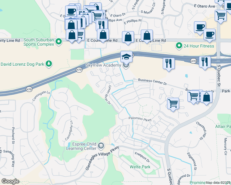 map of restaurants, bars, coffee shops, grocery stores, and more near 8547 Gold Peak Drive in Highlands Ranch