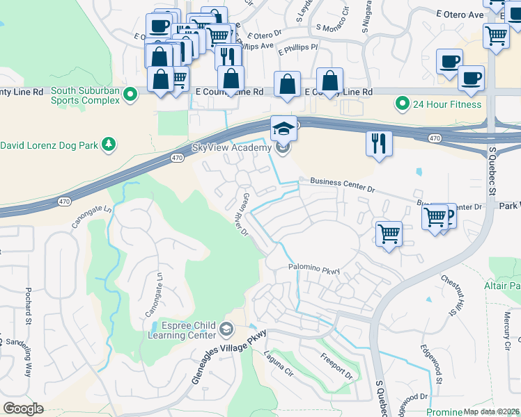map of restaurants, bars, coffee shops, grocery stores, and more near 6610 Green River Drive in Littleton