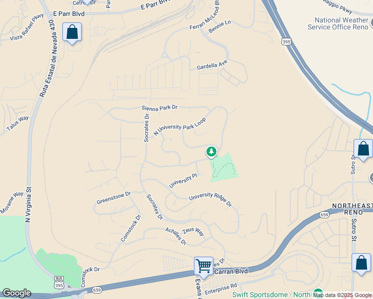 map of restaurants, bars, coffee shops, grocery stores, and more near 3455 Weaver Place in Reno