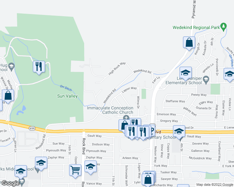map of restaurants, bars, coffee shops, grocery stores, and more near 1020 Lepori Way in Sparks