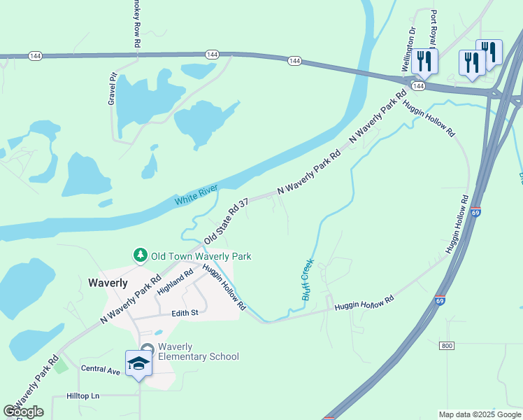 map of restaurants, bars, coffee shops, grocery stores, and more near 8910 Old State Road 37 in Martinsville