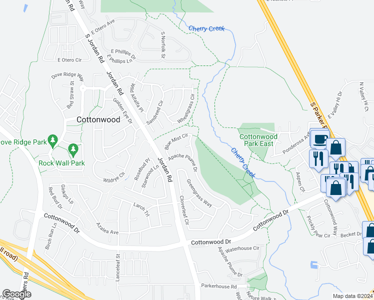 map of restaurants, bars, coffee shops, grocery stores, and more near 16816 Bitterbrush Lane in Parker