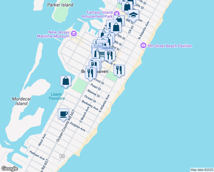 map of restaurants, bars, coffee shops, grocery stores, and more near 127 Coral Street in Beach Haven