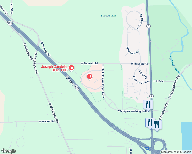 map of restaurants, bars, coffee shops, grocery stores, and more near 2451 Intelliplex Drive in Shelbyville