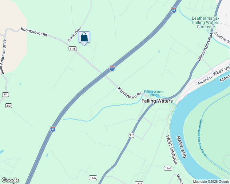 map of restaurants, bars, coffee shops, grocery stores, and more near 45 Lazy Lane in Falling Waters