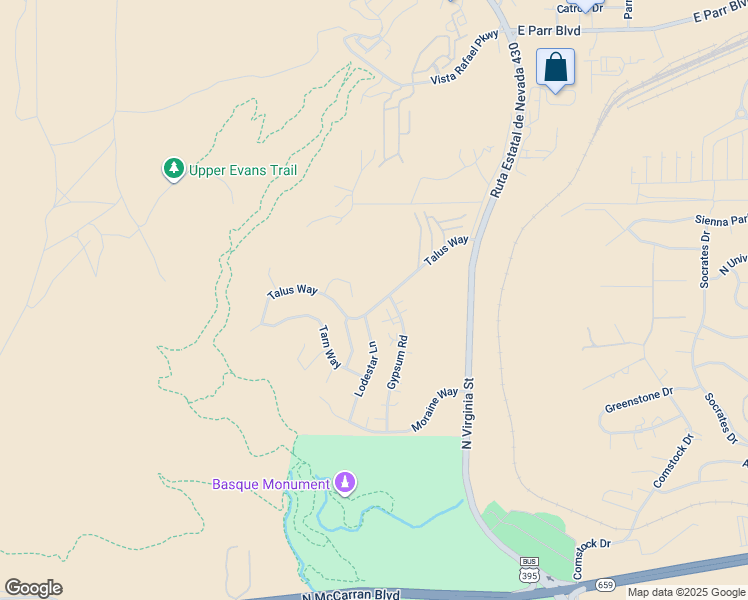 map of restaurants, bars, coffee shops, grocery stores, and more near 355 Talus Way in Reno