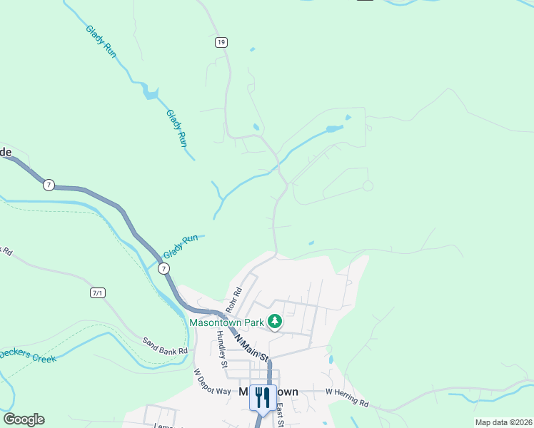 map of restaurants, bars, coffee shops, grocery stores, and more near 397 Rohr Road in Masontown
