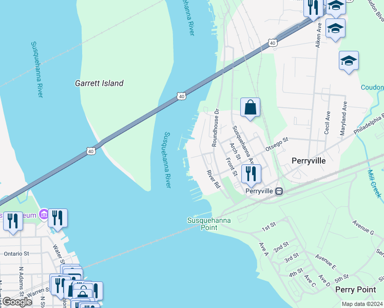 map of restaurants, bars, coffee shops, grocery stores, and more near 34 McMullens Warf Court in Perryville