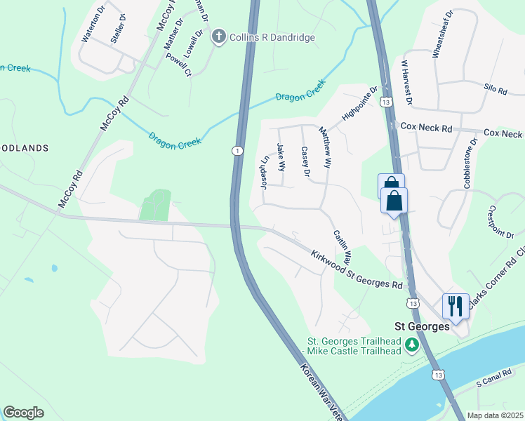 map of restaurants, bars, coffee shops, grocery stores, and more near 1250 Caitlin Way in New Castle
