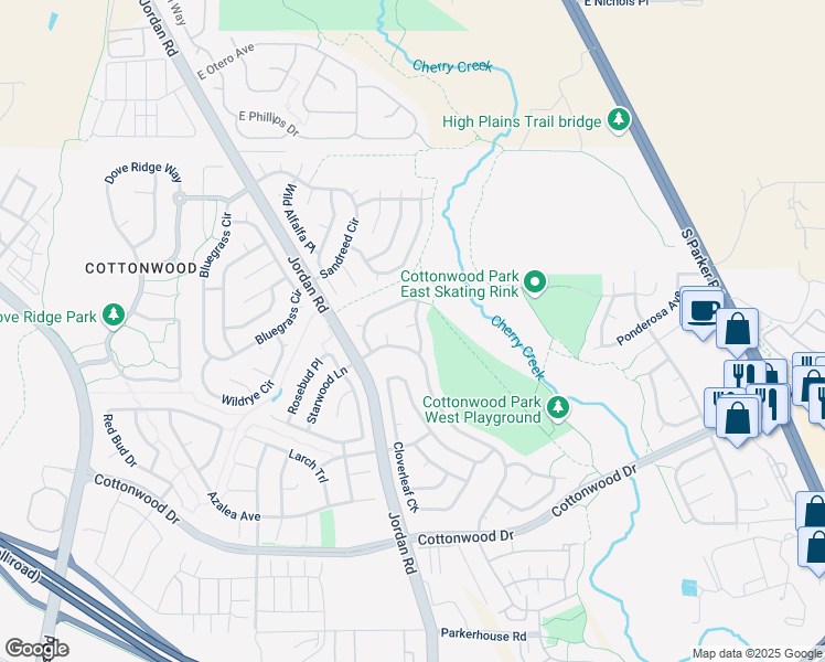 map of restaurants, bars, coffee shops, grocery stores, and more near 16820 Bitterbrush Lane in Parker