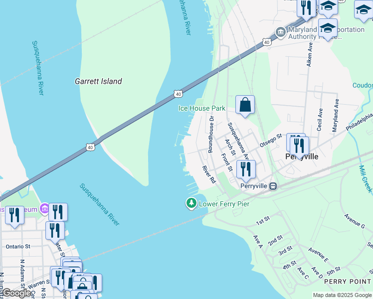 map of restaurants, bars, coffee shops, grocery stores, and more near 12 McMullens Warf Court in Perryville
