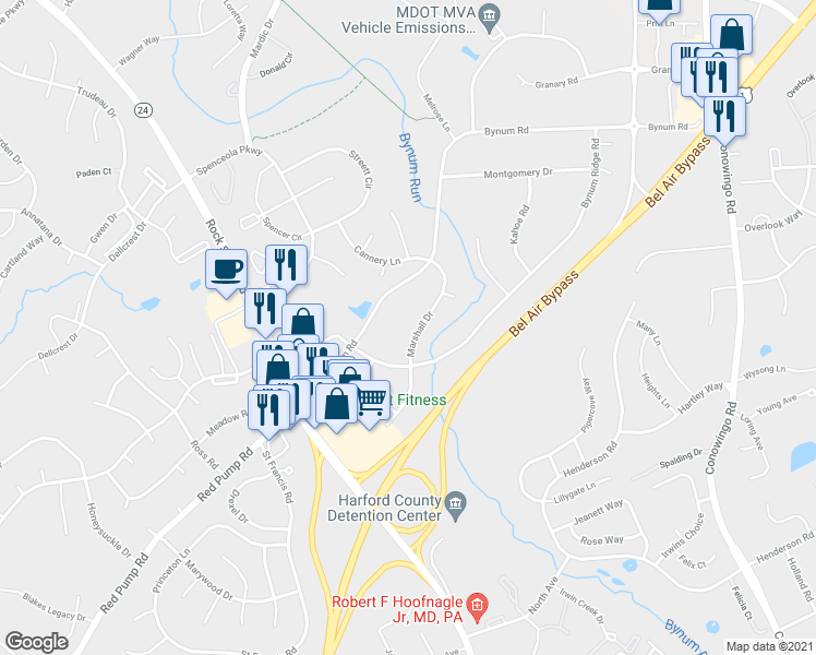 map of restaurants, bars, coffee shops, grocery stores, and more near 208 Marshall Dr in Forest Hill