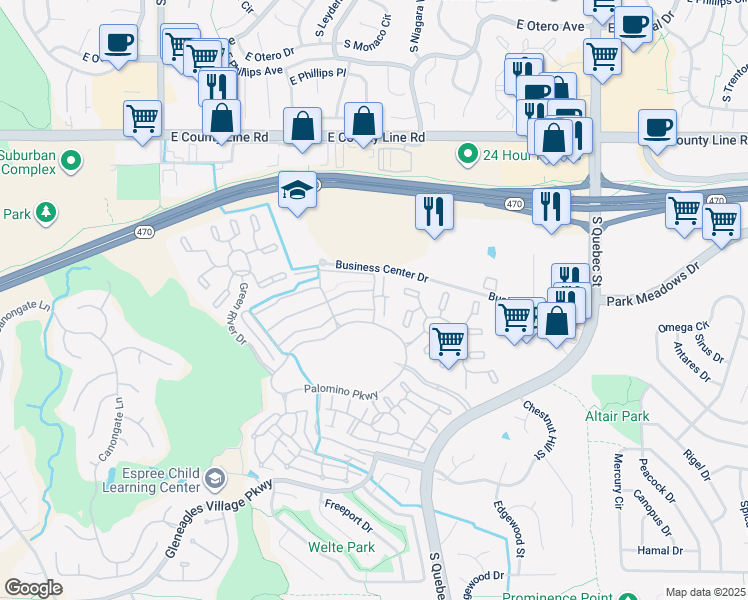 map of restaurants, bars, coffee shops, grocery stores, and more near 8578 Gold Peak Drive in Littleton