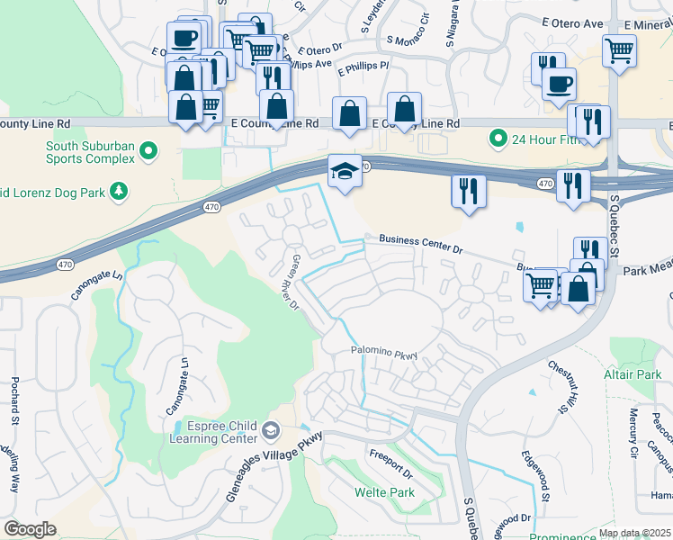 map of restaurants, bars, coffee shops, grocery stores, and more near 6618 Green River Drive in Highlands Ranch