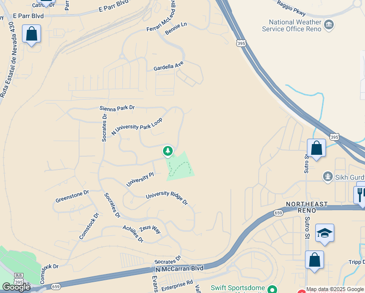 map of restaurants, bars, coffee shops, grocery stores, and more near 1034 South University Park Loop in Reno