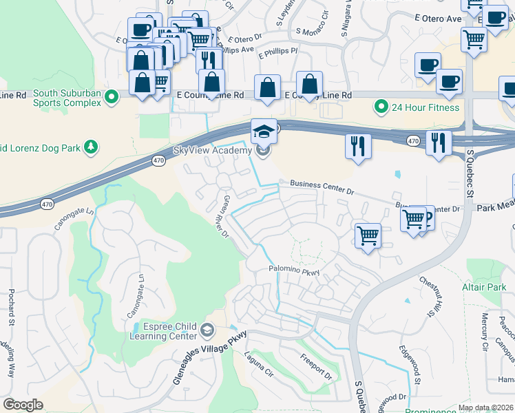 map of restaurants, bars, coffee shops, grocery stores, and more near 8551 Gold Peak Drive in Highlands Ranch