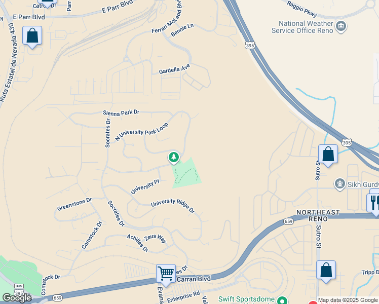 map of restaurants, bars, coffee shops, grocery stores, and more near 1034 South University Park Loop in Reno