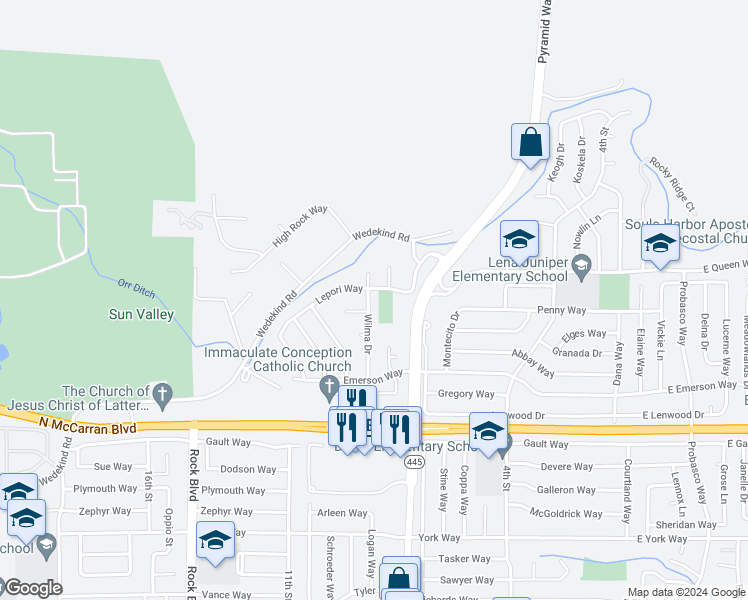 map of restaurants, bars, coffee shops, grocery stores, and more near 3340 Wilma Drive in Sparks