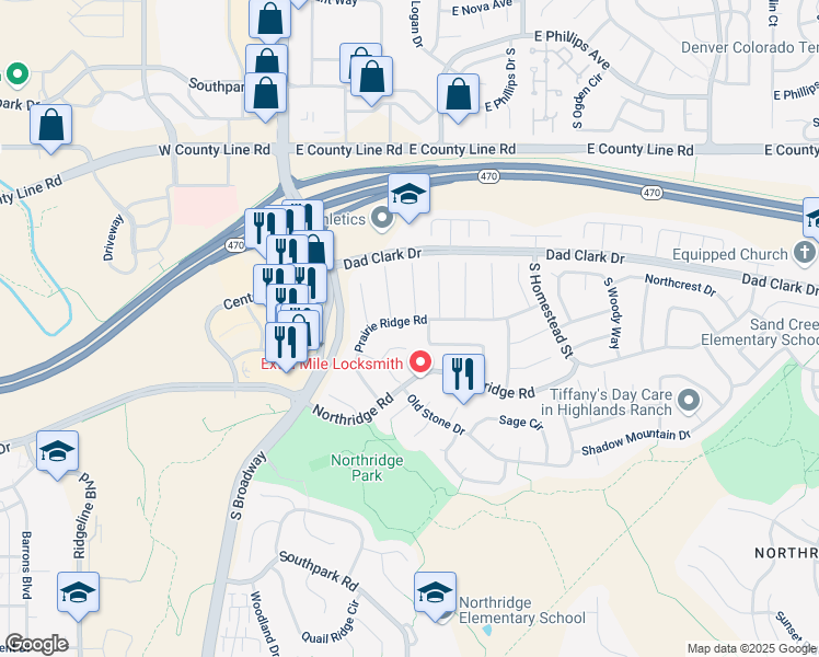 map of restaurants, bars, coffee shops, grocery stores, and more near 8485 South Wildcat Street in Highlands Ranch