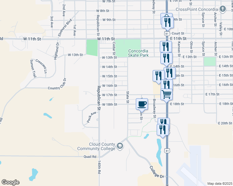 map of restaurants, bars, coffee shops, grocery stores, and more near 1608 Cedar Street in Concordia