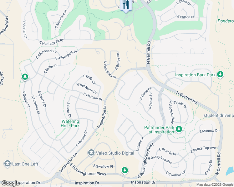 map of restaurants, bars, coffee shops, grocery stores, and more near 22960 East Del Norte Circle in Parker