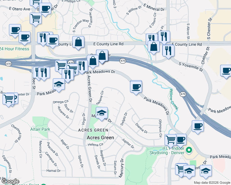 map of restaurants, bars, coffee shops, grocery stores, and more near 404 Helena Circle in Lone Tree