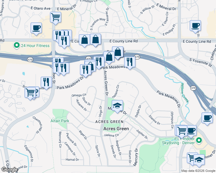 map of restaurants, bars, coffee shops, grocery stores, and more near 506 Aries Court in Lone Tree
