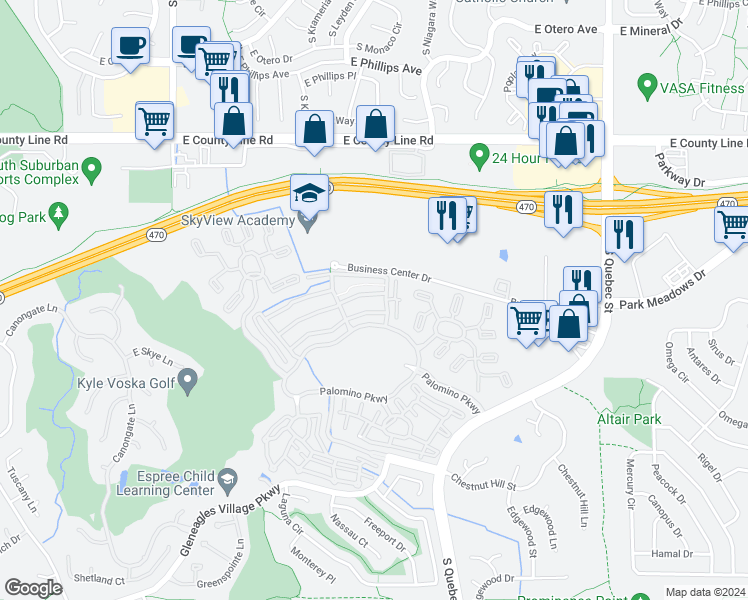 map of restaurants, bars, coffee shops, grocery stores, and more near 8578 Gold Peak Drive in Littleton