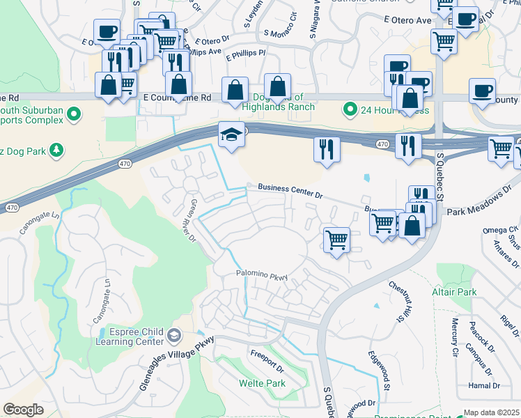 map of restaurants, bars, coffee shops, grocery stores, and more near 8565 Gold Peak Drive in Littleton