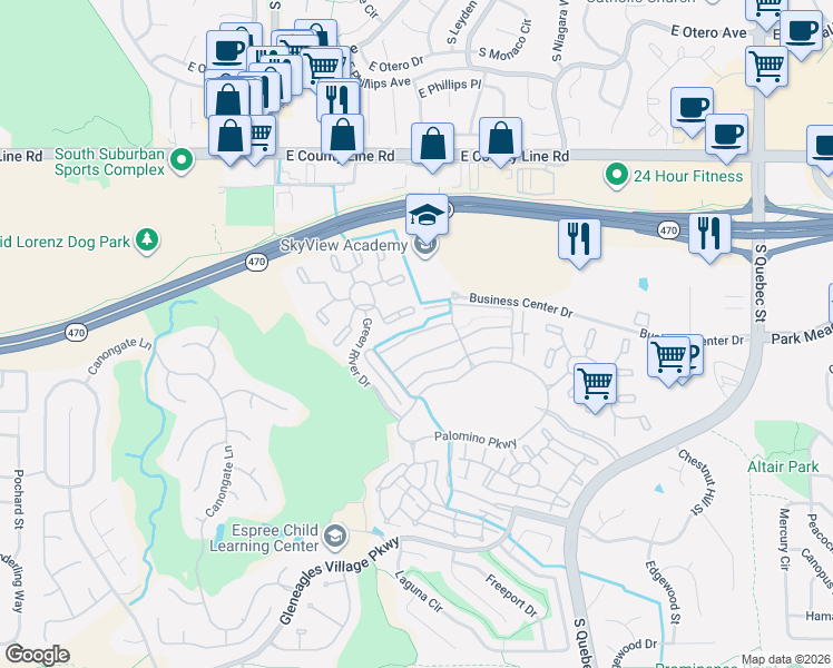 map of restaurants, bars, coffee shops, grocery stores, and more near 6618 Green River Drive in Highlands Ranch