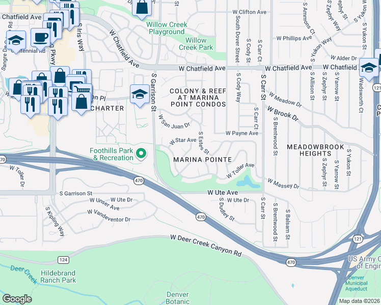 map of restaurants, bars, coffee shops, grocery stores, and more near 8925 West Teton Place in Littleton