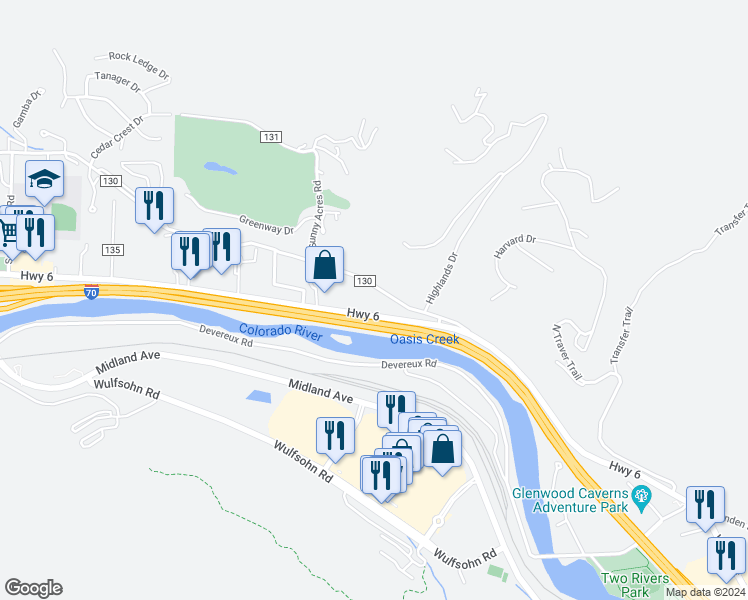 map of restaurants, bars, coffee shops, grocery stores, and more near 52039 Highway 6 in Glenwood Springs