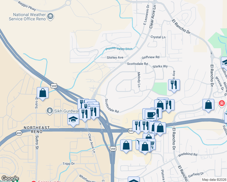 map of restaurants, bars, coffee shops, grocery stores, and more near 3440 Ridgecrest Drive in Reno
