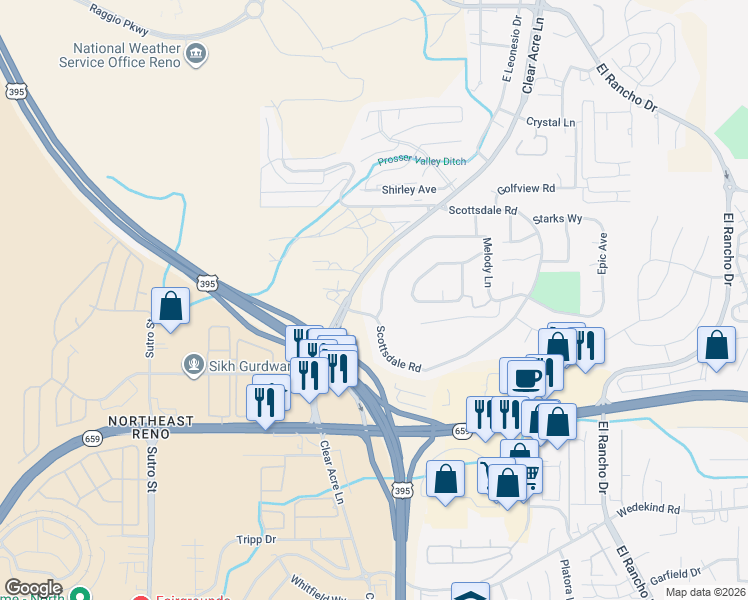 map of restaurants, bars, coffee shops, grocery stores, and more near 2328 Melody Lane in Reno