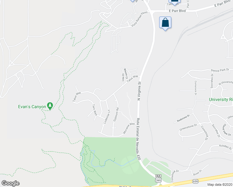 map of restaurants, bars, coffee shops, grocery stores, and more near 272 Talus Way in Reno