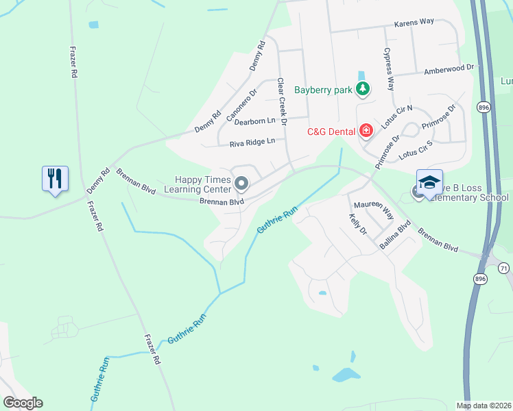 map of restaurants, bars, coffee shops, grocery stores, and more near 25 Sycamore Lane in Bear