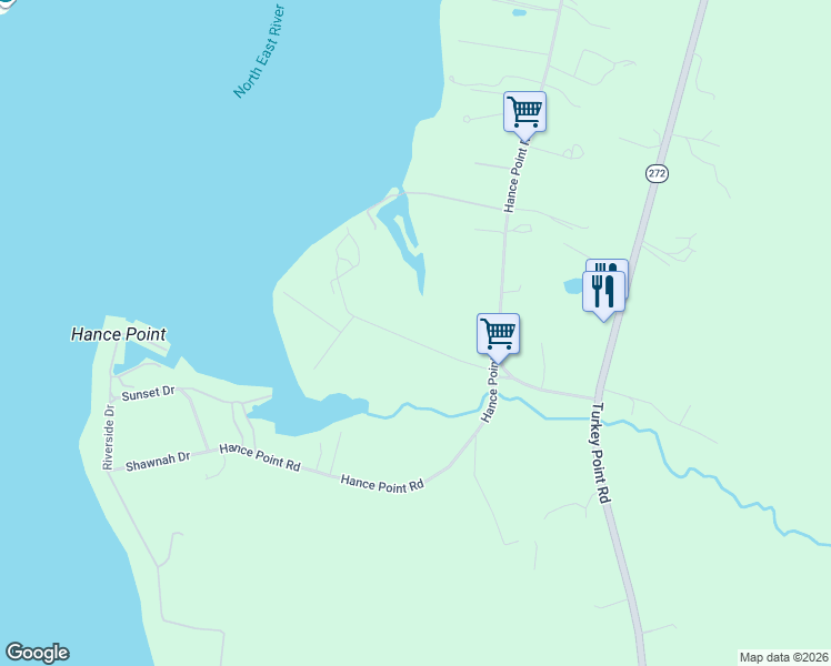 map of restaurants, bars, coffee shops, grocery stores, and more near 145 Plum Creek Road in North East