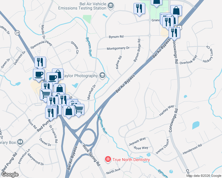 map of restaurants, bars, coffee shops, grocery stores, and more near 237 Bynum Ridge Road in Bel Air North