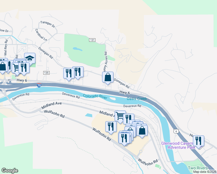 map of restaurants, bars, coffee shops, grocery stores, and more near 51993 Highway 6 in Glenwood Springs