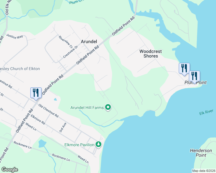 map of restaurants, bars, coffee shops, grocery stores, and more near 17 Captains View in Elkton