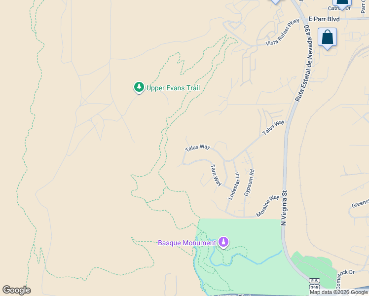 map of restaurants, bars, coffee shops, grocery stores, and more near 715 Talus Way in Reno