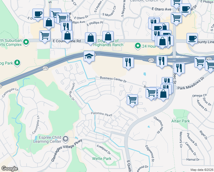 map of restaurants, bars, coffee shops, grocery stores, and more near 8578 Gold Peak Drive in Littleton