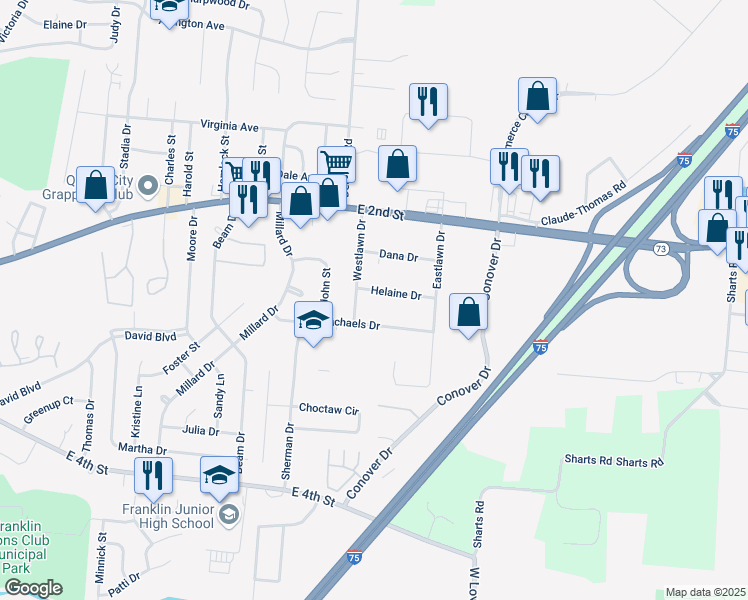 map of restaurants, bars, coffee shops, grocery stores, and more near 4425 Helaine Drive in Franklin
