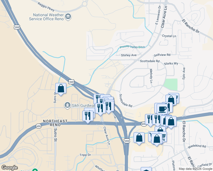 map of restaurants, bars, coffee shops, grocery stores, and more near 3295 Clear Acre Lane in Reno