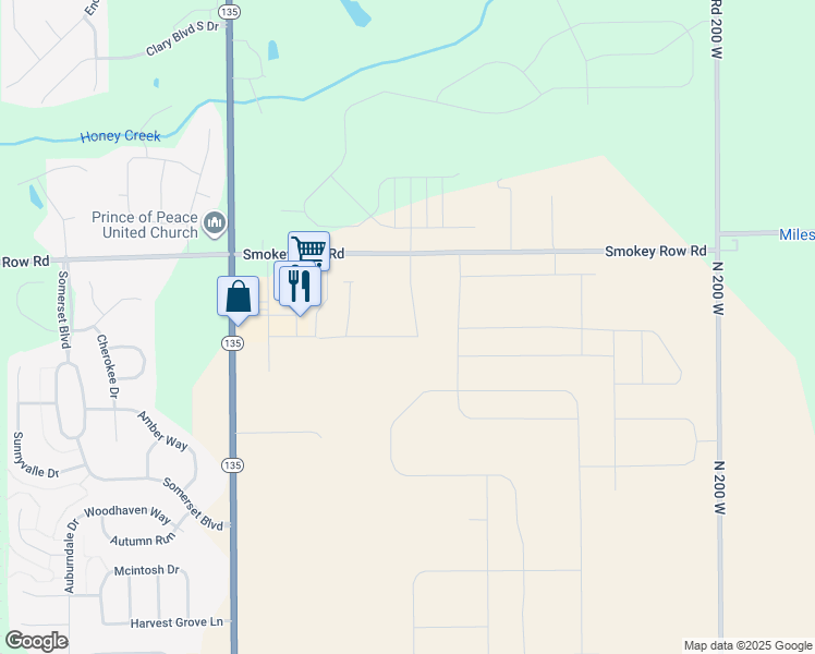 map of restaurants, bars, coffee shops, grocery stores, and more near 135 West Old South Street in Bargersville