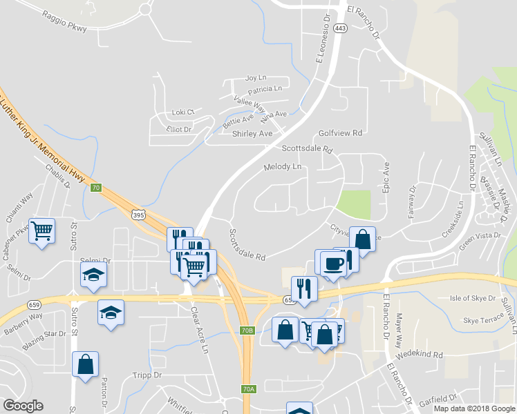 map of restaurants, bars, coffee shops, grocery stores, and more near 3440 Ridgecrest Drive in Reno