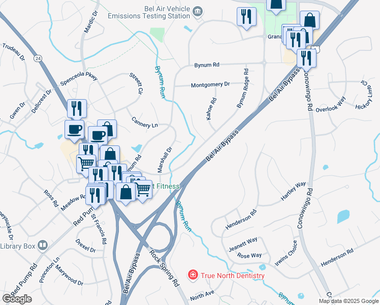 map of restaurants, bars, coffee shops, grocery stores, and more near 232 Bynum Ridge Road in Forest Hill