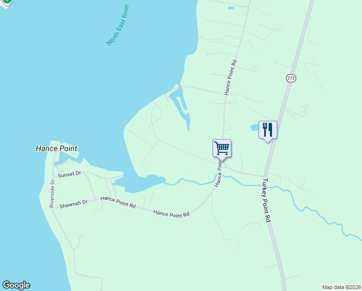 map of restaurants, bars, coffee shops, grocery stores, and more near 145 Plum Creek Road in North East