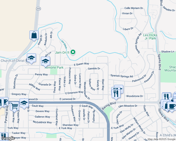 map of restaurants, bars, coffee shops, grocery stores, and more near 337 Gamble Drive in Sparks