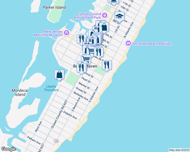 map of restaurants, bars, coffee shops, grocery stores, and more near 127 Coral Street in Beach Haven